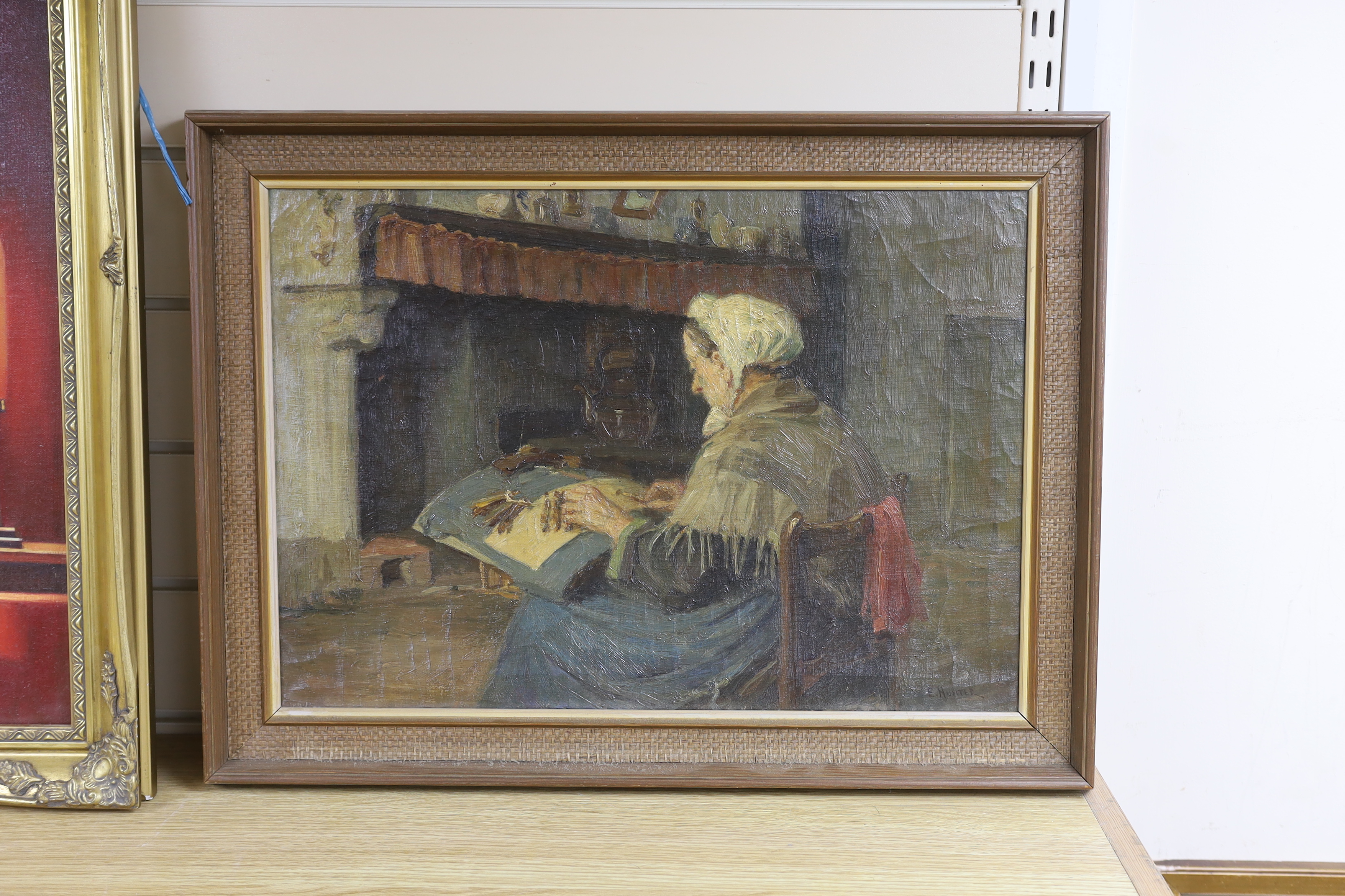 E. Hunter (19th/20th. C), oil on canvas, Study of an elderly lady in an interior, signed, 34 x 49cm